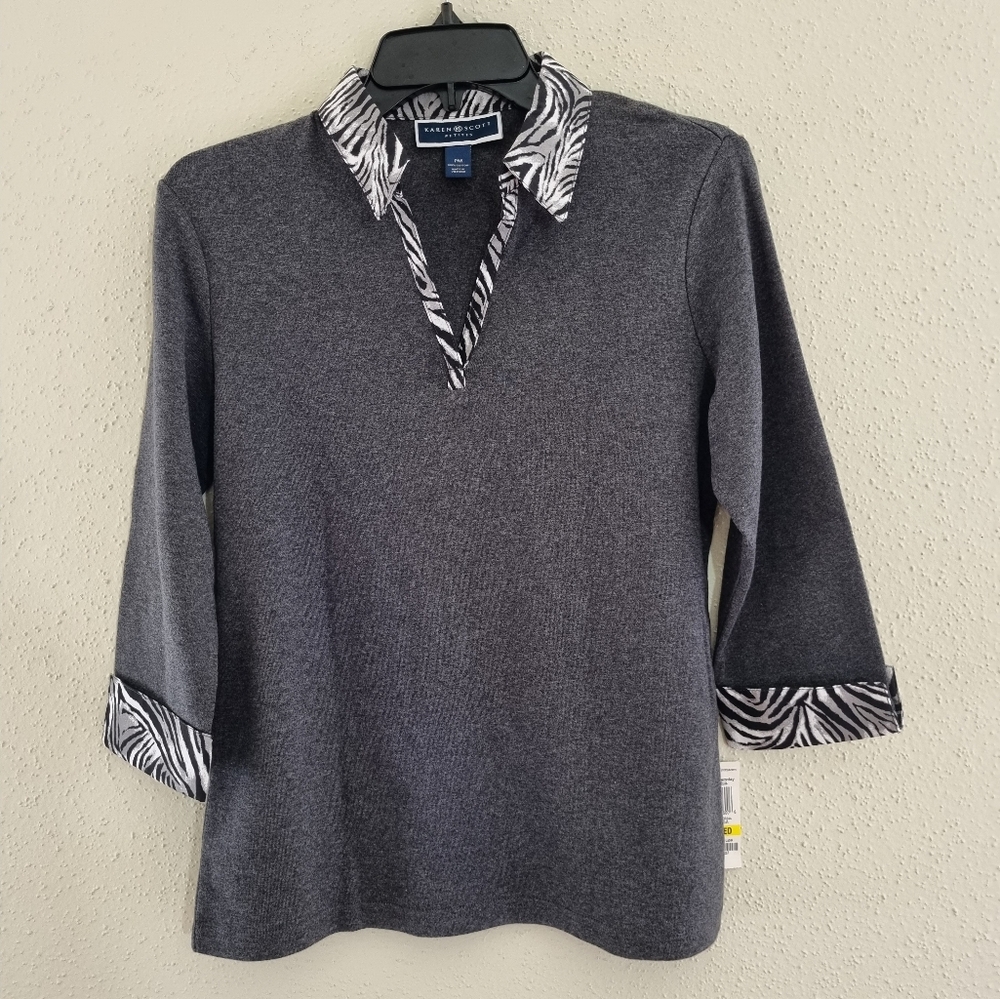 Karen Scott Gray V-Neck Sweater with Zebra Trim - Picture 2 of 8